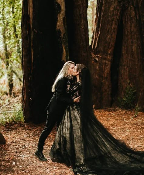 Wlw Wedding, Edgy Bridal, Edgy Wedding, Romantic Wedding Ceremony, Black Wedding Dress, The Redwoods, Goth Wedding, Dark Wedding, Wedding Dress Boutiques