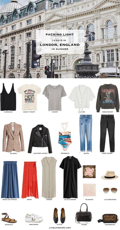 Summer is almost here, and that means the countdown to summer vacation is on. If you are travelling to London, England this summer, or just to England in general than you might be wondering....What to pack for London? This list might help you on your way with what to pack for London for two weeks in summer. London Packing List | Pack in carry on #livelovesara London Summer Travel Outfits, Packing For England Summer, London Dressing Style Women, London Packing List Summer, London In June Outfits, What To Wear In London In Summer, Outfits For London Summer, London Style Summer, Summer In London Outfit