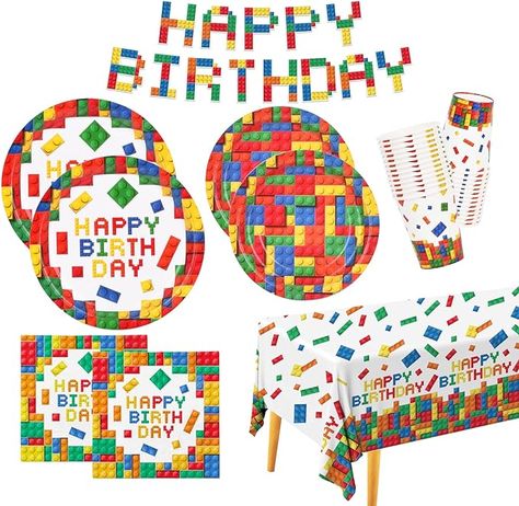 Block Birthday Party, Lego Birthday Party, Lego Birthday, Colourful Buildings, Lego Party, Birthday Supplies, Block Party, Building For Kids, Party Kit