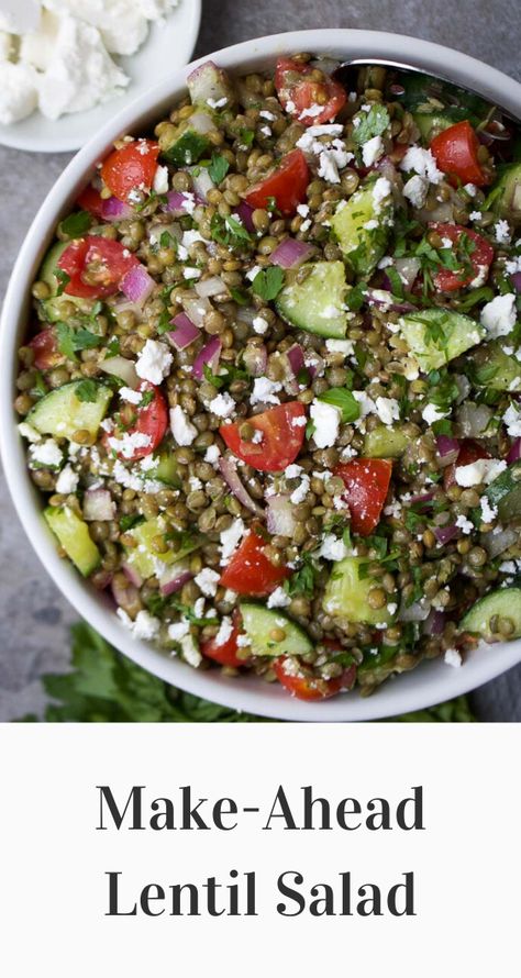 The BEST lentil salad! Learn how to cook lentils and how to make lentil salad with this simple lentil salad recipe. Filled with Mediterranean flavours, this make-ahead lentil salad is made with French lentils, tomatoes, cucumbers, red onion and feta cheese. This cold lentil salad can be served as a side dish or as a main course for lunch and is healthy, gluten-free and vegetarian. Kay Nutrition, How To Cook Lentils, Lentil Salad Recipes, Lunch Easy, Canned Lentils, Make Ahead Salads, French Lentils, Dried Lentils, Spinach Egg