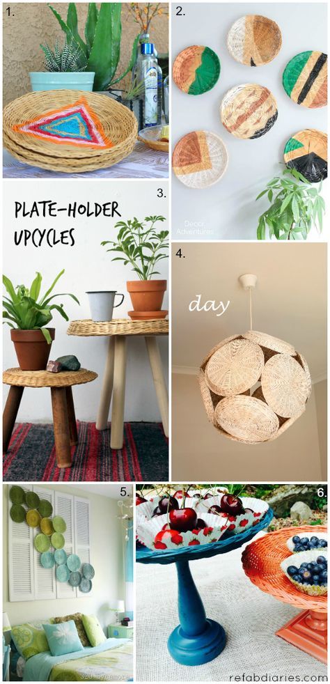 Repurpose: wicker plate holders | ReFab Diaries | Bloglovin Wicker Plate Holders, Wicker Paper Plate Holder Crafts, Thrift Upcycle, Paper Wicker, Thrift Store Diy Projects, Plate Chargers, Old Wicker, Paper Plate Holders, Thrift Store Diy