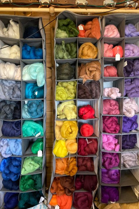 Organising my wool for felting in my studio using wardrobe organisers. Wool Storage Ideas Organizations, Wool Storage Ideas, Wool Organization, Art Studio Storage Ideas, Barn Craft, Wool Storage, Barn Crafts, Art Studio Storage, Craft Organisation