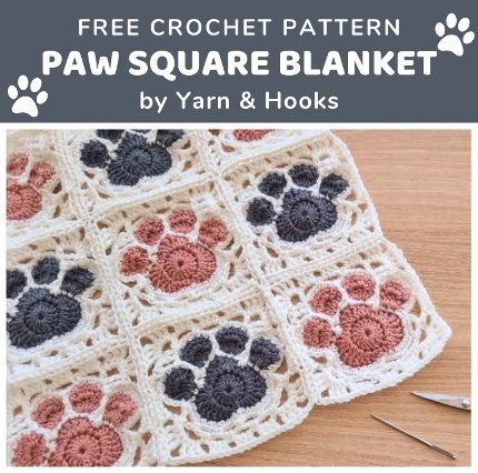 Free Crochet Pattern Paw Square Blanket • Free Crochet Patterns Coworker Holiday Gifts, Pink Paw Print, Half Double Crochet Stitch, Pink Paws, Paw Pattern, Crochet Blocks, Crochet Patterns Free Blanket, Square Blanket, Double Crochet Stitch