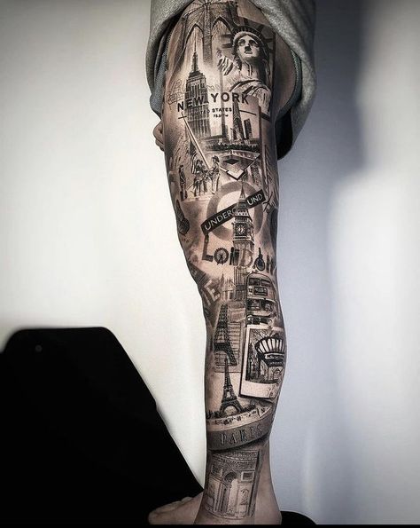 Chest Board Game Tattoo, Nyc Tattoo Sleeve, Big Leg Tattoos Men, Misunderstood Tattoo Men, Wall Street Tattoo, Travel Tattoo Sleeve, Tattoo Full Leg, Women Leg Tattoos, City Tattoo Ideas