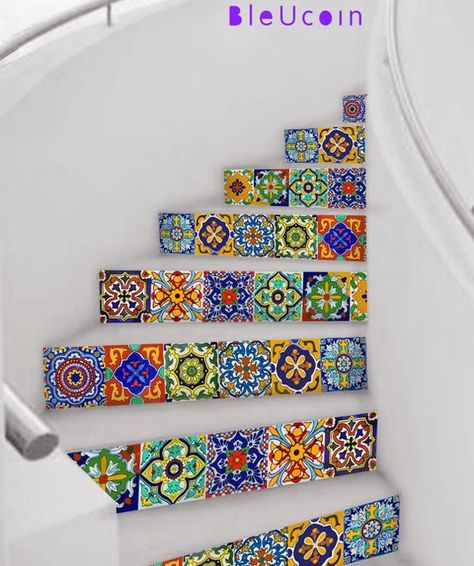 Mexican Talavera tile decal: Mexican Talavera is a well known handicraft of Mexico. Taking the inspiration from hand painted tiles & the color Colorful Tiles, Tile Backsplash Bathroom, Airbnb Decor, Diy Staircase, Mexican Talavera Tile, Flooring For Stairs, Tile Stairs, Staircase Decor, Mexican Home