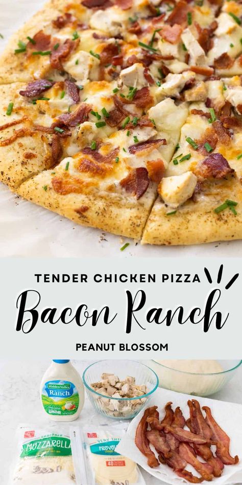 Chicken Bacon Ranch Pizza Shredded Chicken Pizza, Flatbread Appetizers, Guy Food, Bacon Ranch Pizza, Pizza Crust Recipe Easy, Ranch Pizza, Chicken Bacon Ranch Pizza, Oven Food, Peanut Gallery