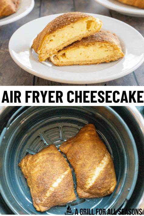 Have you ever wanted to make cheesecake, but didn't want to put in the effort? Well, now you can! With an air fryer. This amazing dessert is easy to make and perfect for a party or when friends come over! Air fryer cheesecake is simple, only takes minutes to make, and is positively delicious. Air Fryer Crescent Roll Recipes Dessert, Air Fryer Cheesecake Bites, Easy Air Fry Desserts, Air Fryer Recipes Dessert Easy, Air Fryer Cheesecake, Crescent Dough Sheet Recipes, Fried Cheesecake, Crescent Roll Cheesecake, Crescent Roll Dessert