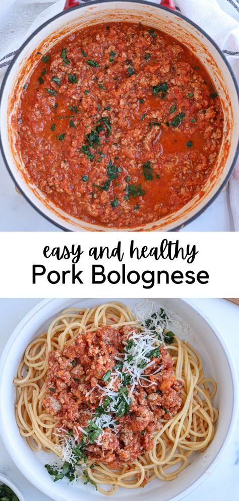 pork bolognese sauce in a pot and over spaghetti in a bowl. Pork Pasta Sauce, Italian Ground Pork Recipes, Ground Pork Spaghetti Sauce, Ground Pork Recipes Easy Healthy, Ground Pork Recipes For Dinner Pasta, Pasta With Ground Pork, Ground Pork Recipes For Dinner Healthy, Easy Ground Pork Recipes For Dinner, Ground Pork Meals