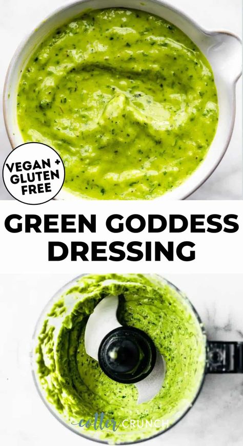 This Vegan Green Goddess Dressing recipe is made with simple ingredients and healthy fats for a flavorful salad dressing. It's as fresh, tangy, and creamy as the original but is also paleo-friendly, low carb, and can help reduce inflammation. It’s the perfect option for all your plant based dressing and dipping sauce needs. Make a green goddess salad or pasta recipe using this easy avocado dip. Vegan Green Goddess Dressing, Green Goddess Dressing Recipe, Vegan Green Goddess, Plant Based Dressing, Goddess Dressing Recipe, Green Goddess Salad Dressing, Green Goddess Salad, Goddess Salad, Vegan Salad Dressing