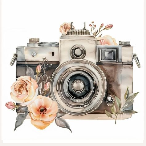 12 Retro Camera Clipart, Watercolor Flowers Digital Printable for Vintage Journal, Camera With Flowers, Antique Watercolor Picture JPG Files - Etsy Vintage Pictures Printable, Picture Of Camera, Vintage Aesthetic Pictures, Camera With Flowers, Photography Clipart, Vintage Cameras Art, Clipart Aesthetic, Watercolor Camera, Aesthetic Clipart