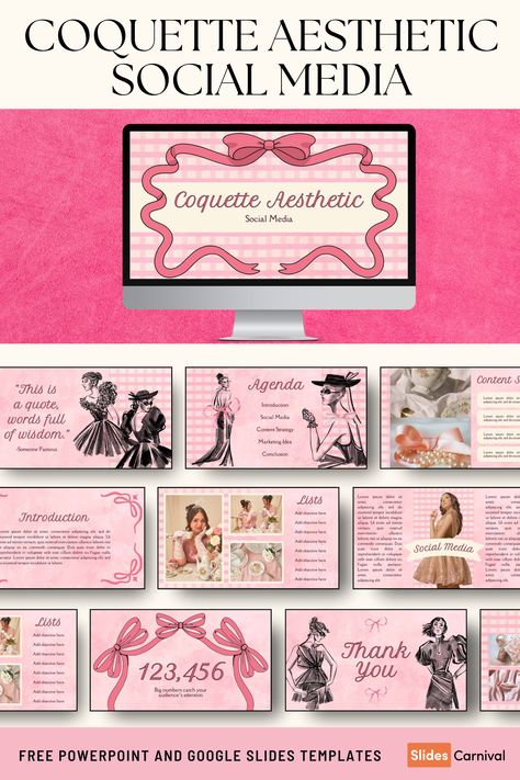 Bring a touch of vintage charm to your social media content with our Coquette Aesthetic Social Media Slides. Crafted for everyone, this classic and pink-themed slideshow template is perfect for influencers, small business owners, and content creators looking to captivate their audience. Use it to showcase your latest updates, new products, or engaging stories with style and elegance. Slideshow Presentation Design, Canva Slides Aesthetic, Preppy Slideshow Template, Pink Canva Template, Presentation Canva Template Free, Slideshow Ideas Google Slides, Cute Presentation Ideas, Canva Creative Design, Canva Slides Template