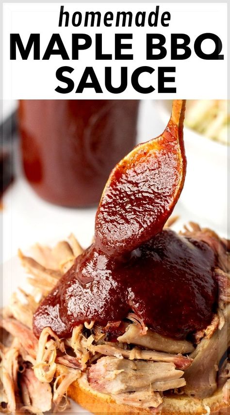 Create a batch of smoky sweetness with this homemade maple BBQ sauce! You can make grilling quick and flavorful with this maple-infused delight. This easy recipe brings the perfect balance of sweet & savory, ideal for brisket, chicken, meatballs, wings, pulled pork, and ribs. Discover more easy lunch and dinner recipes at hotpankitchen.com! Pork Bbq Sauce Recipe, Maple Bbq Sauce Recipe, Maple Bbq Sauce, Honey Bbq Sauce Recipe, Pulled Pork Sauce, Homemade Barbecue Sauce Recipe, Bbq Sauce Homemade Easy, Homemade Bbq Sauce Recipe, Rib Sauce