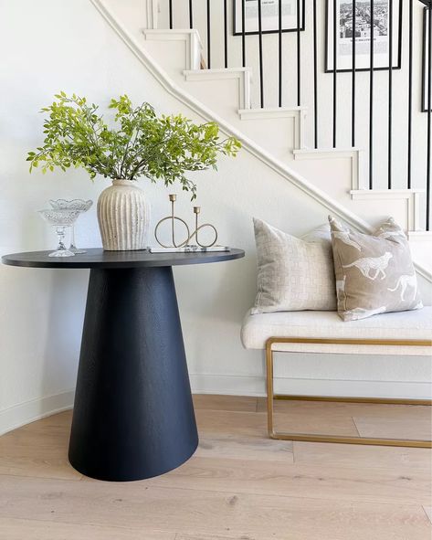 The perfect small round entryway table or dining table! Back in stock and on sale! Rounded Stairs Entryway, Entryway Ideas Round Table, Round Entry Way Ideas, Diy Round Entry Table, Small Round Entryway Table, Small Round Entry Table, Round Table Entryway, Circular Entryway, Foyer Round Table