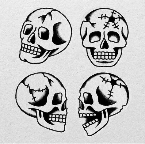 Black Traditional Skull Tattoo, Small Traditional Skull Tattoo, Beginner American Traditional Tattoos, Skull Tattoo Flash Art, Skull Flash Tattoo Design, Skull Traditional Tattoo Design, Traditional Style Skull Tattoo, Classic Skull Tattoo, Trad Skull Tattoo Design