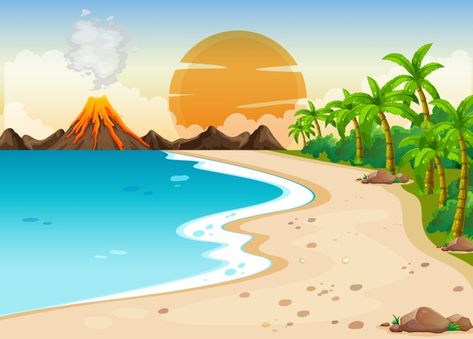 Nature Cartoon, Hawaii Landscape, Beach Cartoon, Hawaiian Resorts, Seaside Landscape, Scene Illustration, Premium Vector Cartoon, Cartoon Summer, Classroom Background