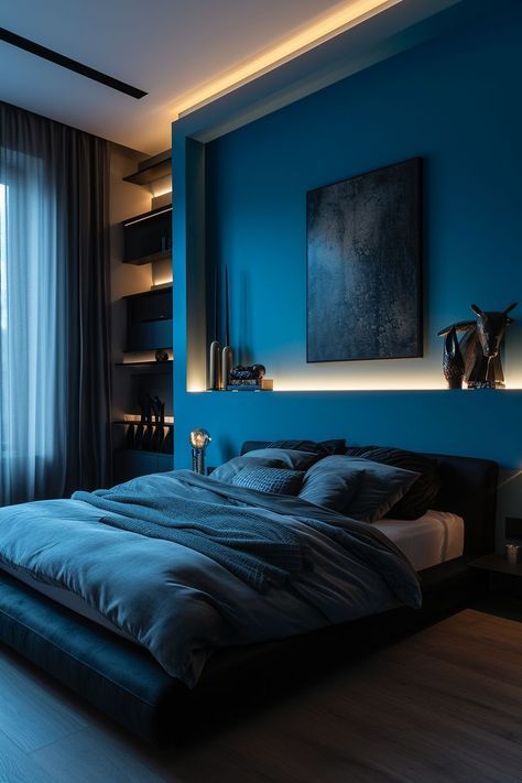 Men Rooms, Male Bedroom Ideas Modern, 20 Year Old Male Bedroom Ideas, Bedroom Ideas Blue, Royal Blue Bedrooms, Royal Bedroom Design, Male Bedroom Ideas, Blue Bedrooms, Dark Blue Bedrooms