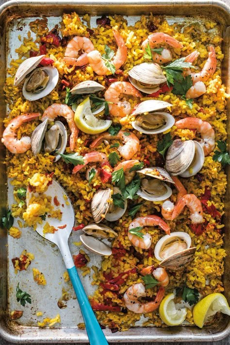 Oven Paella with Chorizo, Clams and Shrimp Paella Recipe Seafood, Spanish Chorizo, Sheet Pan Suppers, Paella Recipe, Sheet Pan Dinners, Sheet Pan Recipes, Rice Dishes, Seafood Dishes, Williams Sonoma