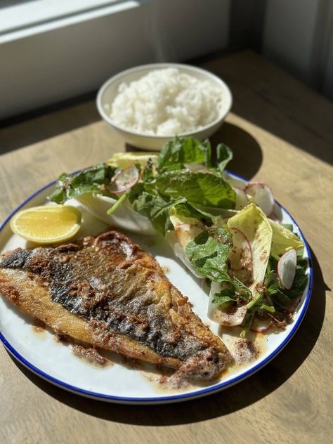 Branzino Recipe, Radish Greens, Steamed White Rice, Radish Salad, Butter Sauce, How To Squeeze Lemons, Brown Butter, French Inspired, Dinner Time