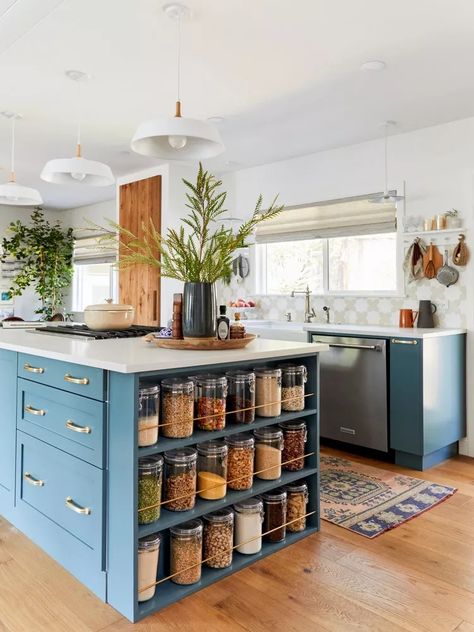 24 Ideas for Kitchens With Open Shelving Open Shelf Base Cabinet Kitchen, Open Bottom Kitchen Cabinets, Built In Shelves Kitchen, Open Cupboards Kitchen, Open Cabinets In Kitchen, Kitchens With Open Shelving, Utilitarian Kitchen, Kitchen Open Cabinets, Kitchen Open Shelf