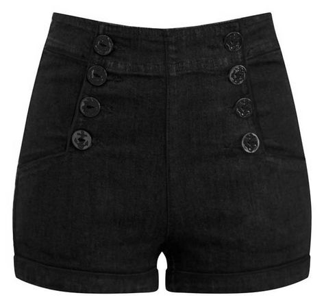 Black High Waist Sailor Girl Denim Shorts with Anchor Buttons | Double Trouble Apparel Sailor Shorts Outfit, Gothic Oc, Pirate Shorts, Hazbin Oc, Ocs Ideas, Gothic Shorts, Emo Clothes, Marvel Dr, Dark Denim Shorts