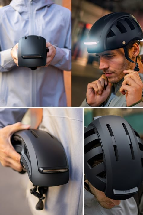 On a high after winning a Red Dot Award in 2018, the folks at FEND are back with a redesign of their popular foldable bike helmet. Designed to make the helmet more flat, less bulky, and subsequently much more portable, the FEND SUPER comes with the same compact design as its predecessor… except now it comes with removable headlights and taillights to make riding at night much more convenient. Bicycle Helmet Design, Foldable Helmet, Biking Helmet, Smart Helmet, Bike Helmet Design, Foldable Bike, Cricket Helmets, Motorcycle Helmet Design, Foldable Bikes