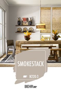 Behr Smokestack Paint, Behr Smokestack, Earth Tone Living Room Paint, Smokestack Behr Paint, Boho Chic Dining Room, Dining Room Paint Colors, Behr Paint Colors, Chic Dining Room, Farmhouse Paint Colors