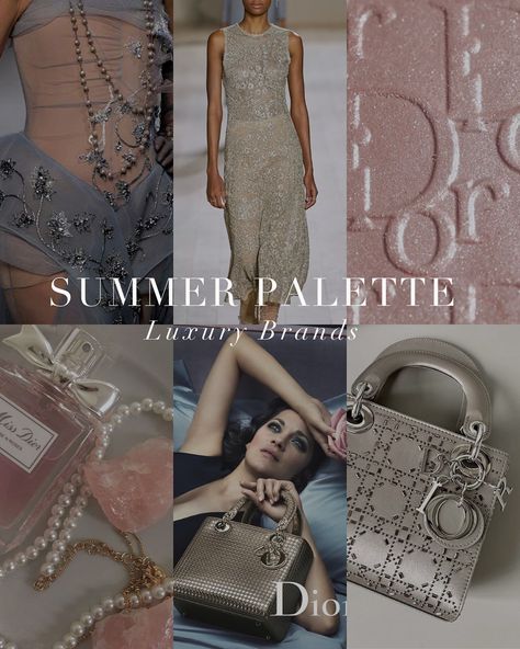 A gorgeous color analysis Summer palette of dior. Light Summer Style, Cool Summer Palette, Soft Summer Palette, Summer Moodboard, Summer Palette, Colour Analysis, Summer Color Palette, Seasonal Color Analysis, Soft Summer