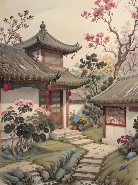 Animated Scenery, Watercolor Scenery, Roof Paint, Asian Landscape, Zen Colors, Asian Architecture, Background Drawing, Architecture Painting, Cottage Art