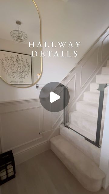 Sarah Heard ✨ on Instagram: "Hall stairs and landing details …

Panelling colour - Elephants Breath and Strong White both by farrow and ball 

Light Fitting @dowsingandreynolds medium bubble chandelier

Pictures frames @photoframesandart 20x20 signature frame 

Carpet @tapicarpetsandfloors Twilight Range in Ivory 

Mirror @ikeauk 

Baby Gate @fred_safety 

Doors @lpddoorsuk Soho Range 

Hope everyone has a good day and if there’s anything unanswered please comment 🙌🙌

#landing #homeprojects #home #landingdecor #hallwaydecor #hallwaydesign #blackaccents #blackstairs #panelling #moulding #homeinspiration #homeinterior #homeinspo #faq
 #hallways #stairs #diyhome #blackinterior #home #homeinspiration
#diyhomedecor #diyhomeprojects #panelling #diydecor" Elephants Breath Hallway, Small Landing Ideas Upstairs, Landing Ideas Upstairs, Farrow And Ball Hallway, Hall Stairs And Landing, Safety Doors, Landing Decor, Hall Stairs, Elephants Breath