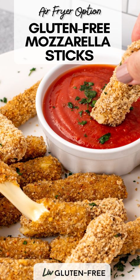 These homemade gluten-free mozzarella sticks are crispy, cheesy, and restaurant quality! With oven-baked and air fryer options, this healthier version of the classic game day appetizer is easy to make and delicious to enjoy. Gluten Free Mozzarella Sticks, Baked Mozzarella Sticks, Baked Mozzarella, Cheese Sticks Recipe, Homemade Mozzarella Sticks, Gluten Free Bread Crumbs, Gluten Free Appetizers, Gluten Free Sides Dishes, Dairy Free Cheese