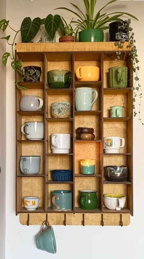 You Shelf, Coffee Cups Storage Ideas, Wall Of Mugs, Cute Mug Storage, Wall Mounted Coffee Station, Tiny Storage Room Ideas, Mug Cabinet Organization, Cup Shelf Diy, Mug Storage Ideas Small Spaces