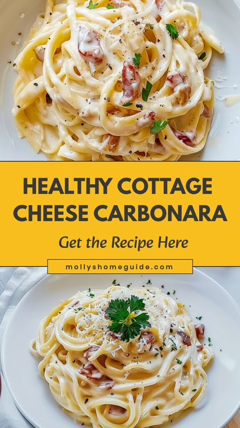 Indulge in a creamy and flavorful twist on a classic pasta dish with this cottage cheese carbonara recipe. With the richness of cottage cheese blending perfectly with the savory pancetta and al dente spaghetti, every bite is sheer perfection. This easy-to-make and budget-friendly recipe is ideal for a cozy dinner at home or impressing guests at your next gathering. Elevate your cooking game with this delicious cottage cheese carbonara that will leave everyone wanting seconds!  Ingredients 12 oun Savory Cottage Cheese Recipes, Healthy Carbonara, Savory Cottage Cheese, Cheese Recipes Dinner, Cottage Cheese Dinner, Cottage Cheese Pasta, Protein Cottage Cheese, Cottage Cheese Recipes Healthy, Ricotta Recipes