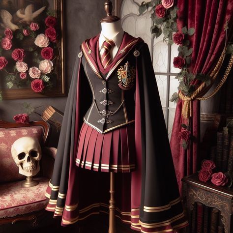 Medieval Hogwarts Uniform, Harry Potter Gryffindor Uniform, Hogwarts Robes Aesthetic, Hogwarts Houses Uniforms, Harry Potter Robes Aesthetic, Harry Potter Wizard Costume, Harry Potter Cheerleader Outfits, Harry Potter Inspired Dress, Fantasy Schools Of Magic Uniforms