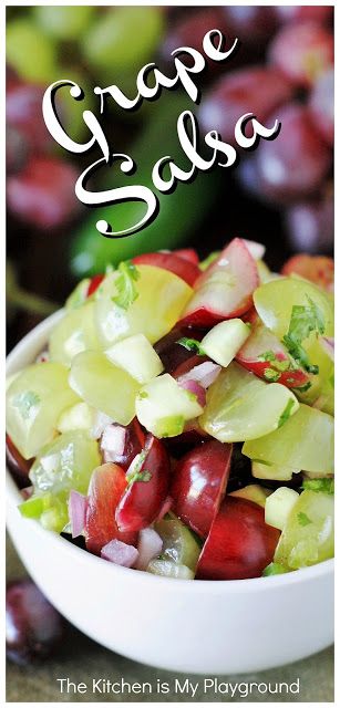 Grape Salsa ~ A totally tasty, totally fun & unique salsa! Fabulous flavor that's great with chips, or spooned or chicken or fish.  www.thekitchenismyplayground.com Grape Salsa Recipe, Grape Salsa, Vegetable Salsa, Fruit Salsa Recipe, The Kitchen Is My Playground, Grape Recipes, Chewy Granola, Meatless Monday Recipes, Salsa Recipes