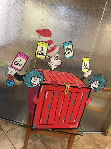 Dr. Suess food drive box, had an awesome time doing this!! Good Drive Box Ideas, Food Drive Display Ideas, Pet Donation Box Ideas, Food Bank Donation Box Ideas, Food Drive Box Decoration Ideas, Back To School Donation Box Ideas, Unique Fundraising Ideas For School, School Food Drive Ideas, Can Drive Box Ideas