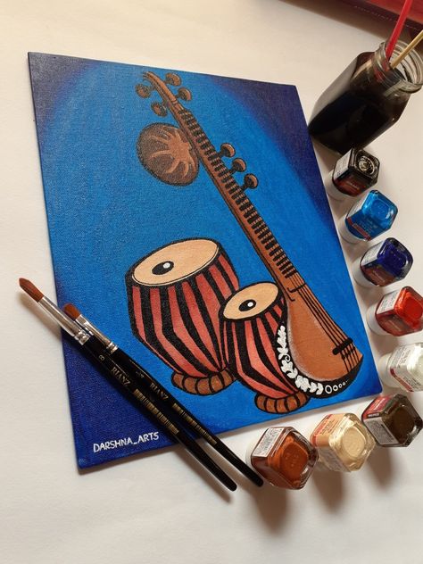 Tabla Painting On Canvas, Music Composition Painting, Sitar Instrument Drawing, Tabla Painting, Tabla Drawing, Spring Chalkboard Art, Spring Chalkboard, Barcode Tattoo, Musical Instruments Drawing