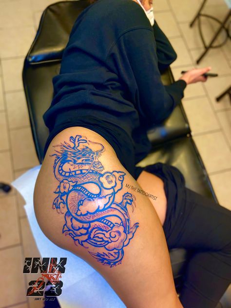 Dragon Tattoos Thigh, Blue Hand Tattoos For Women, Tattoo Ideas Blue Ink, Tattoos With Blue Ink, Blue Tattoos On Black Women, Blue Neck Tattoo, Dragon Tattoo For Women Thighs, Thigh Tattoos Women Dragon, Dragon Tattoo Ideas For Women