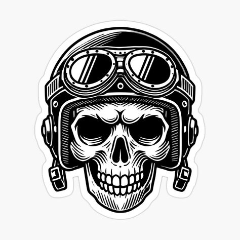 Get my art printed on awesome products. Support me at Redbubble #RBandME: https://www.redbubble.com/i/sticker/Skull-Biker-with-Helmet-and-Goggles-by-markymaarty/163434569.EJUG5?asc=u Biker With Helmet, Skull Helmet Tattoo, Bike Helmet Stickers, Helmet Design Sticker, Biker Stickers, Skull With Helmet, Skull Helmet Motorcycles, Skull On Motorcycle, Skull Illustration