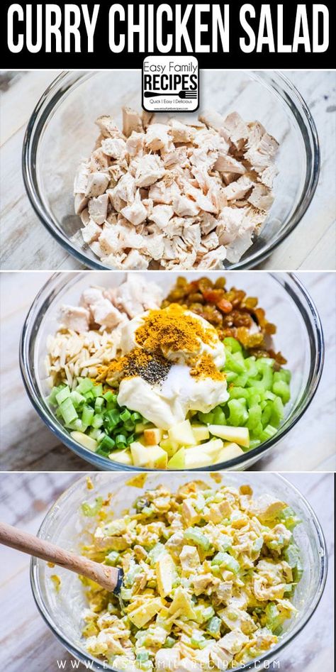 My FAVORITE Chicken Salad.  It is loaded with tender chicken, creamy curry dressing, crisp celery, and sweet golden apples #EasyFamilyRecipes #Chickensalad #Easyrecipes #Curry Curry Dressing, Curry Chicken Salad, Creamy Curry, Easy Family Recipes, Best Curry, Chicken Curry Salad, Favorite Chicken, Chicken Salad Recipes, Easy Family Meals