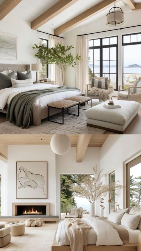 Primary Bedroom Ideas Vaulted Ceiling, Upstairs Bedroom Layout, Primary Bedroom With Vaulted Ceiling, Cathedral Ceiling Bedroom Master Suite, Parents Retreat Master Suite, Lulu And Georgia Bedroom, California Modern Bedroom, Bedroom Reference, Bedroom With Vaulted Ceiling