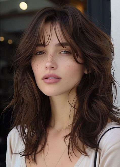 Modern Bangs Medium Hair, Cute Midlength Haircuts Layers, Wolf Cut Mid Length, Long Wolf Cut With Curtain Bangs, Curtain Bangs Mid Length Hair, Wavy Hair With Curtain Bangs, Wavy Curtain Bangs, Bangs Wavy Hair, Haircut Medium