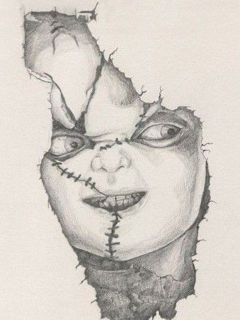 Movie Character Drawings Pencil, Horror Movie Drawing Ideas, Horror Movie Drawings Pencil, How To Draw Chucky, Sinister Drawings, Chucky Drawing Pencil, Annabelle Doll Drawing, Chucky Doll Drawing, Horror Movie Drawings Easy