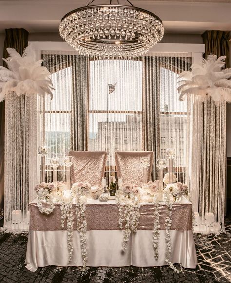 Glamorous Wedding Sweetheart Table Gatsby Sweetheart Table, Israelite Wedding, Glam Wedding Reception, Hotel Ballroom Wedding, Wedding Ballroom Decor, Reception Sweetheart Table, Table Curtain, Sweetheart Table Chairs, Wedding Sweetheart Table