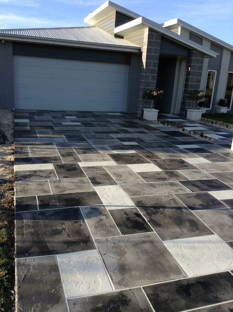 Check out this cool Stamped Concrete driveway in geometric pattern! It makes concrete visually satisfying and it provides a non-skid surface for safer and more convenient driving.  CALL (717) 245-2829 to get a FREE quote!  Sundek of PA 1787 W Trindle Rd Carlisle, PA 17015 (717) 245-2829 Entry Flooring, Decorative Concrete Driveways, Stamped Concrete Driveway, Rock Pathway, Front Path, Cobblestone Driveway, Driveway Ideas, Concrete Patio Designs, Concrete Resurfacing