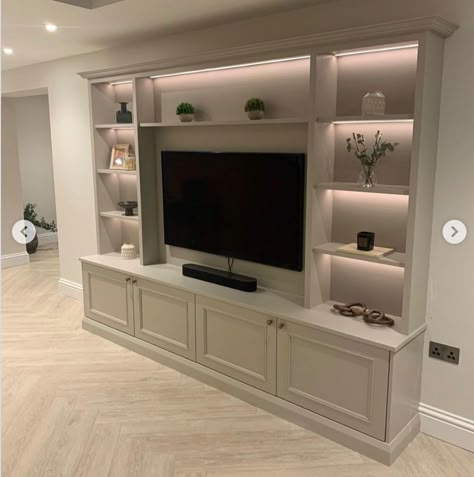 Television Shelf Design, Tv With Shelves Around It, Television Bedroom, Tv Between Windows, Tv Placement In Living Room, Media Console Decor, Tv Shelf Unit, Bedroom Television, Tv Shelf Design