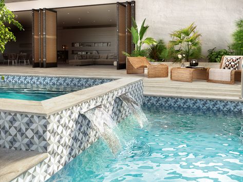 Exotic Pool Ideas, Decorative Pool Tiles, Moroccan Pool, Pool Waterline, Waterline Pool Tile, Pool Tile Designs, Moderne Pools, Outdoor Tile, Porcelain Decor