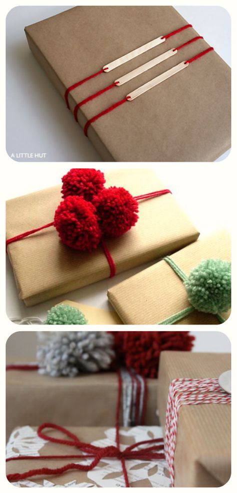 Yarn Wrapping Gifts, Yarn Bows Wrapping, Wrapping With Yarn, Yarn Gift Wrapping, Yarn Craft Ideas, Make Pom Poms, Yarn Letters, Yarn Wreaths, Christmas Gift Bow