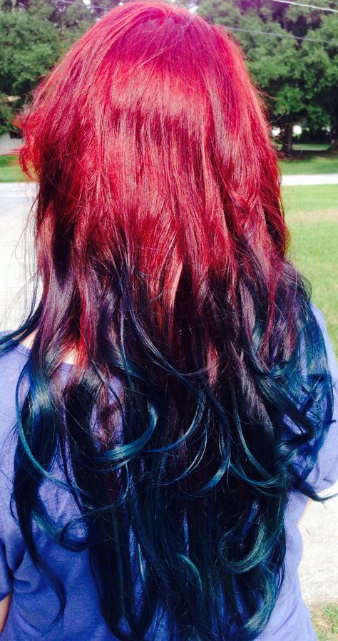 My new red to blue ombre 💙💙💙 Red To Blue Ombre Hair, Red Hair Blue Highlights, Red And Blue Hair Ombre, Red Hair With Blue Highlights, Red And Blue Hair, Turquoise Hair Ombre, Blue And Red Hair, Red Hair Day, Types Of Hair Color