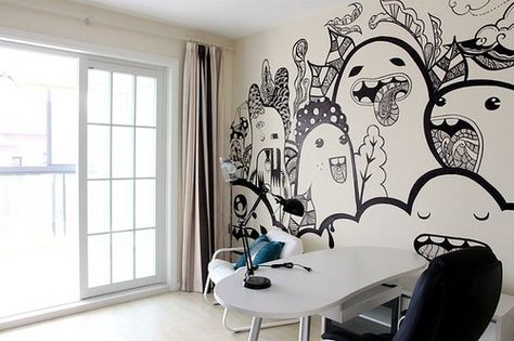 Creative Hand-painted Wall Unique Wall Painting Ideas, Wall Drawings, Creative Wall Painting, Ombre Wall, Doodle Ideas, Wall Drawing, Wall Paint Designs, Mural Wall, Hand Painted Walls