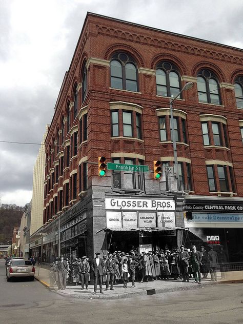 Johnstown, Pa. Glosser Brothers store then and now.  Old pic from JAHA superimposed over mine. Piercing Places, Coney Island Hot Dog, Johnstown Flood, Johnstown Pennsylvania, Were Moving, Pennsylvania History, Brooke Burke, Then And Now Photos, Western Pennsylvania